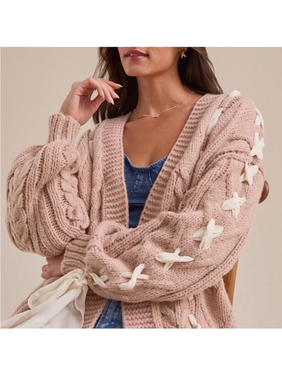 Altar'd State Sweaters - Altar'd State Callia Ribbon Chunky Cable Knit Cardigan in Taupe and Ivory